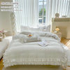 A white ruffled duvet cover set displayed on a bed with pillows and pillowcases in a bright room.