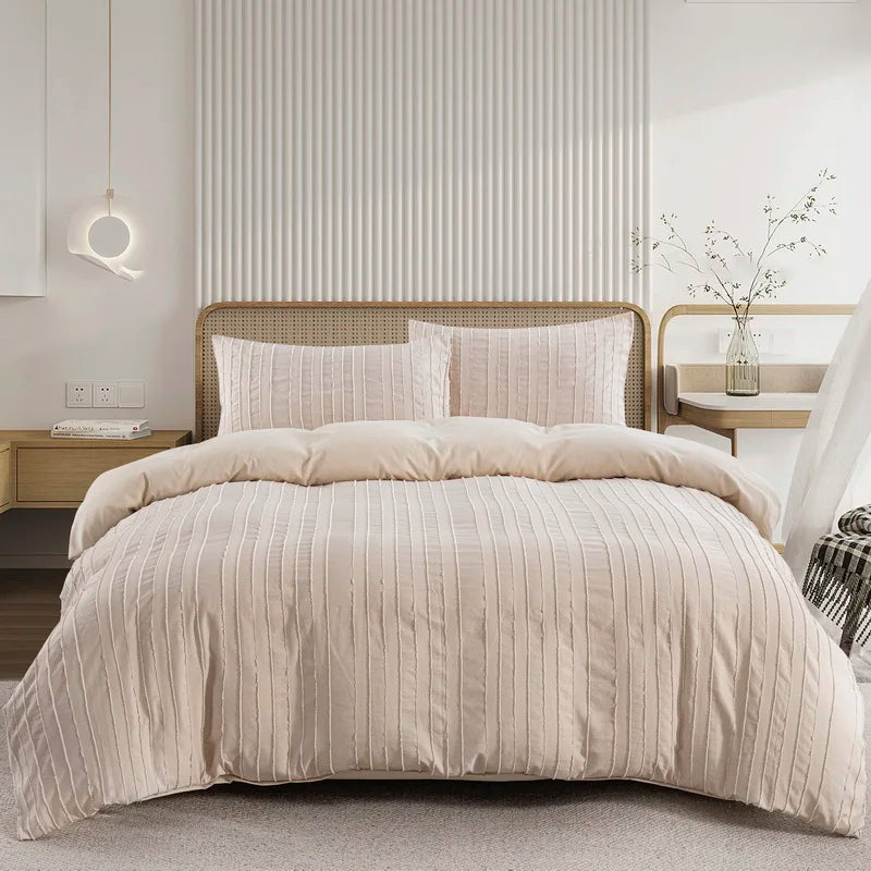 A beige boho tufted microfiber duvet cover set displayed on a bed with white vertical paneling and natural light.