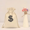 A beige drawstring cotton gift bag featuring a black money sign design.
