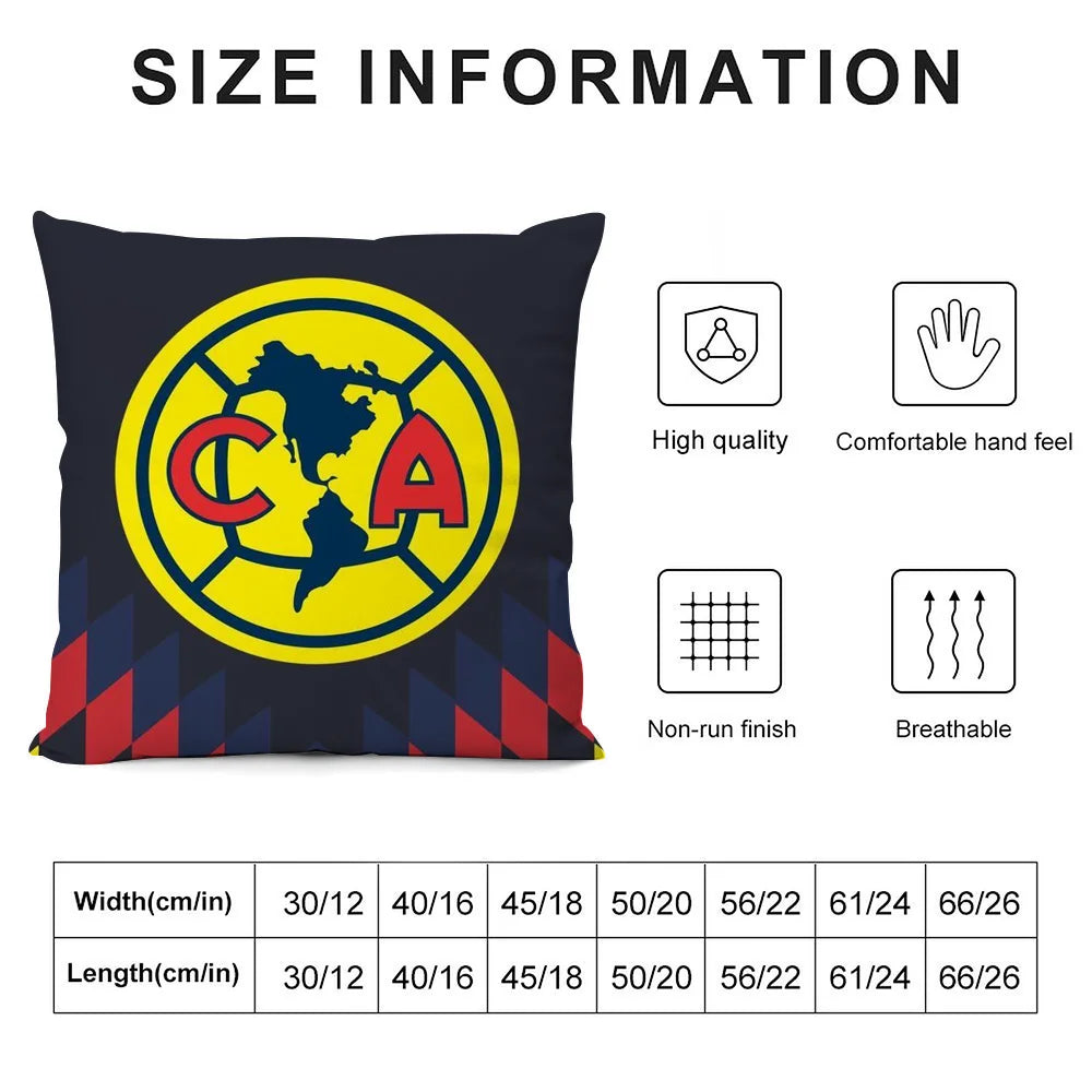 Size information chart for a decorative pillow case featuring the Football Club America logo