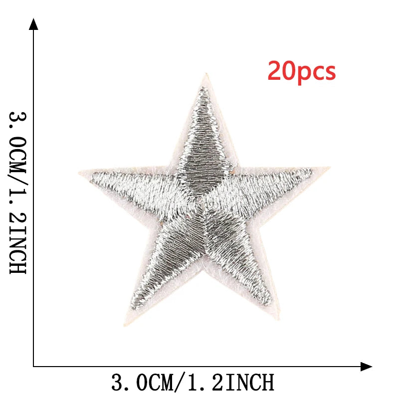 A white five-pointed star embroidery patch is shown against a measurement scale.