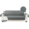 A gray waterproof anti-slip sofa slipcover shown from the front with a circular detail indicating reverse side.