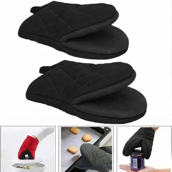 A pair of black silicone oven mitts with a quilted pattern shown in various angles.