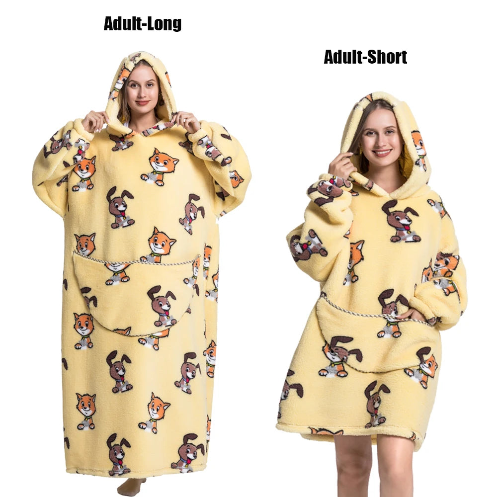 A yellow adult-long plush fleece blanket hoodie with a hood and orange animal print details.