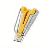A silver bias tape maker set with a yellow awl tool for sewing and quilting.
