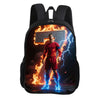 A black backpack featuring a graphic of a football player engulfed in flames and lightning.