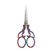 Vintage stainless steel sewing scissors with decorative purple and green handles