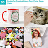Various crafts and products made from sublimation paper including a mug, mouse pad, phone case, and cups.