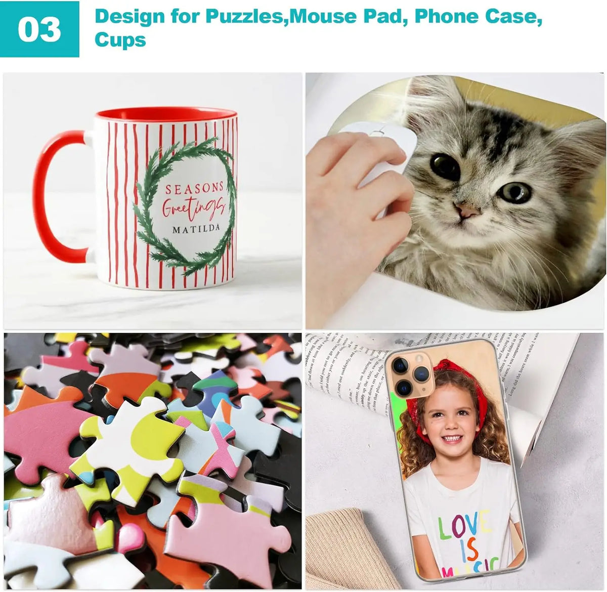 Various crafts and products made from sublimation paper including a mug, mouse pad, phone case, and cups.