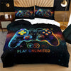 A dark blue duvet cover featuring a glowing neon hexagon controller design with the text Play Unlimited.