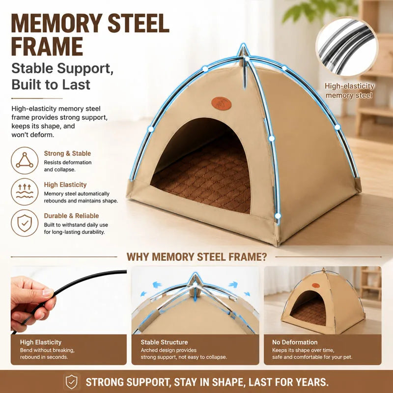 A beige memory steel frame teepee pet bed for cats and dogs shown in an angled view.