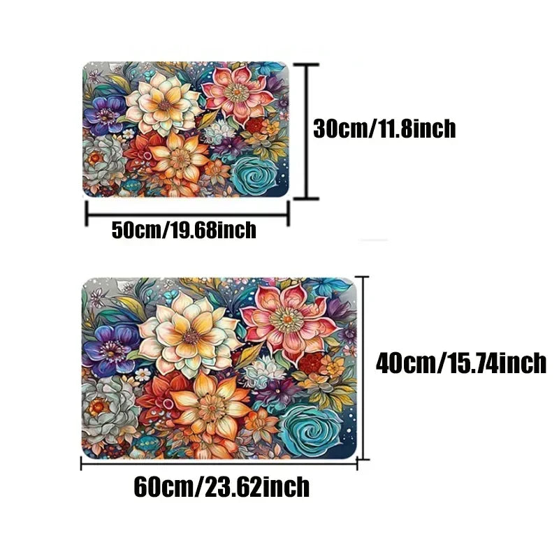 A colorful floral design for a welcome entrance mat, shown in three sizes.