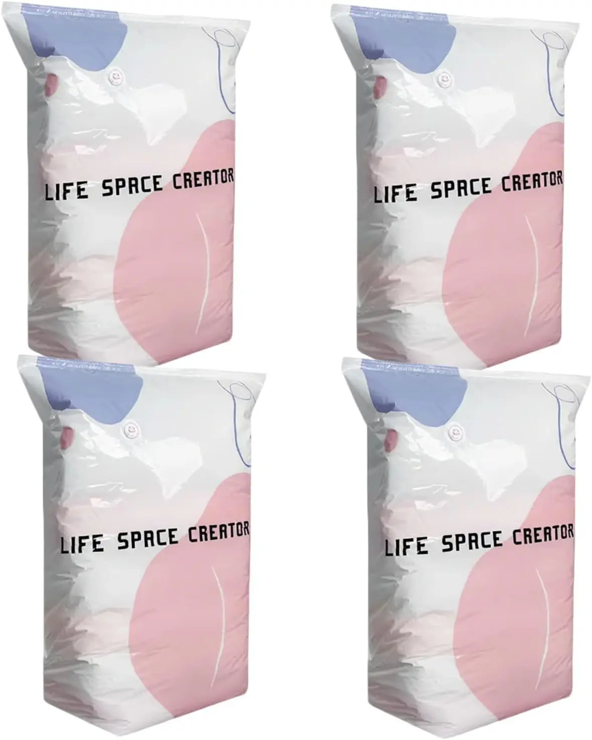Two white vacuum storage bags with pink accents for comforters and bedding