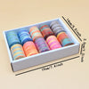 A box containing a bulk set of 10 rainbow colored sewing threads, displayed with dimensions.