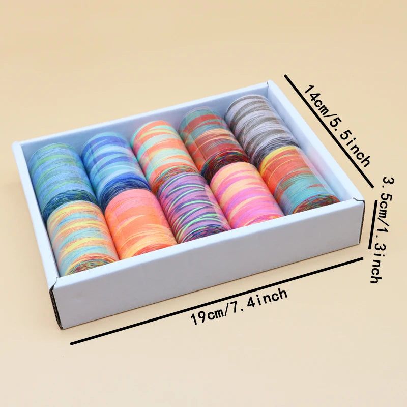 A box containing a bulk set of 10 rainbow colored sewing threads, displayed with dimensions.