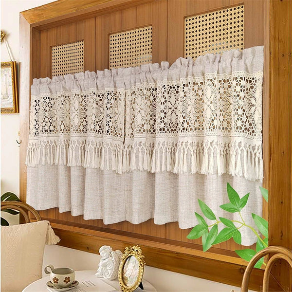 Geometric lace short curtains in beige hanging on a wooden frame.