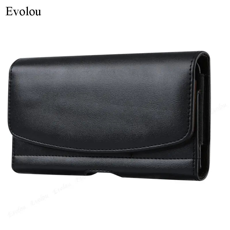 Black universal leather phone pouch with a magnetic belt clip.