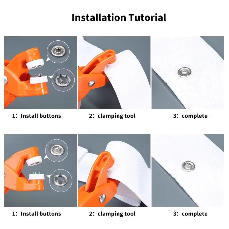 Installation tutorial showing how to install buttons using a clamping tool for a precision snap button kit