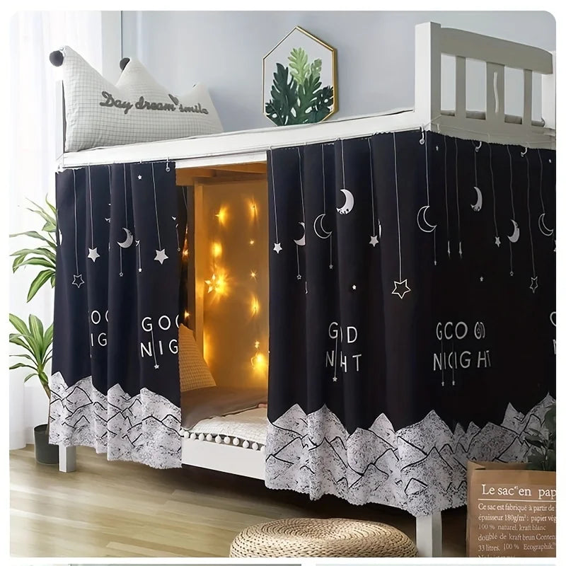 Blackout dustproof bed curtain for a bunk bed featuring a dark fabric with star and crescent moon patterns