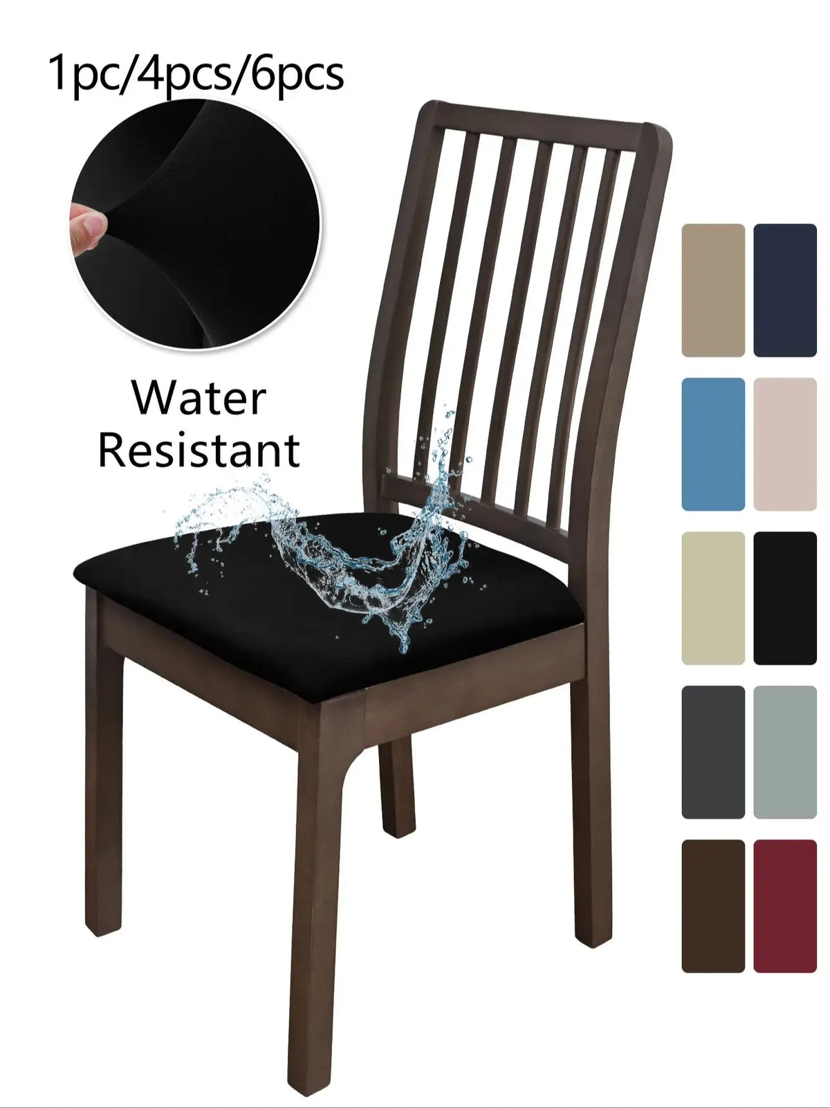 A dark brown wooden bench with a black cushion and various color fabric options shown alongside a water resistance test.