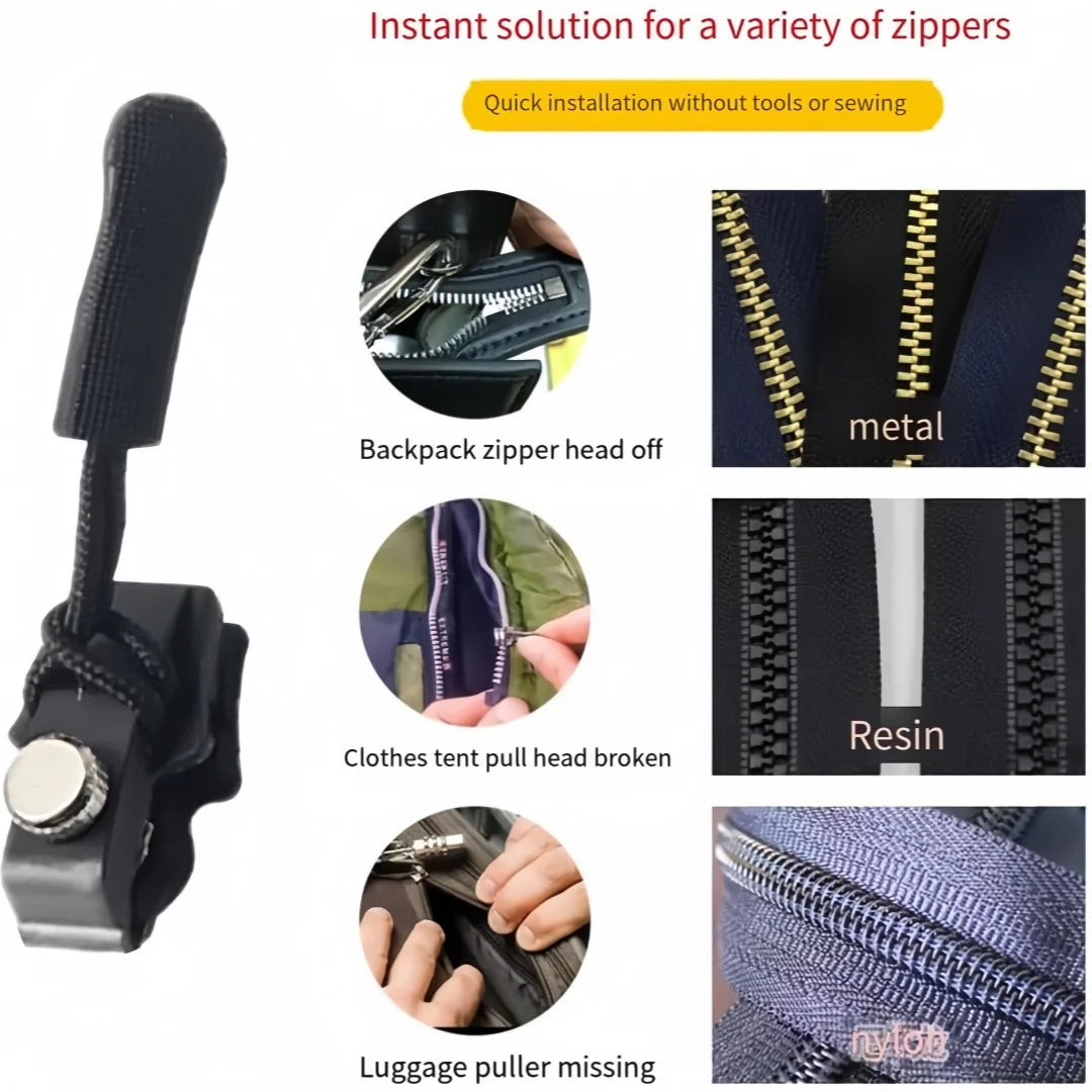 A set of zipper repair tools and replacement heads for various zippers, including backpack, clothing, and luggage.