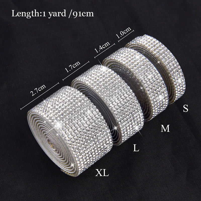 Rolls of diamond rhinestone strips in various sizes S M L XL with length measurements shown.