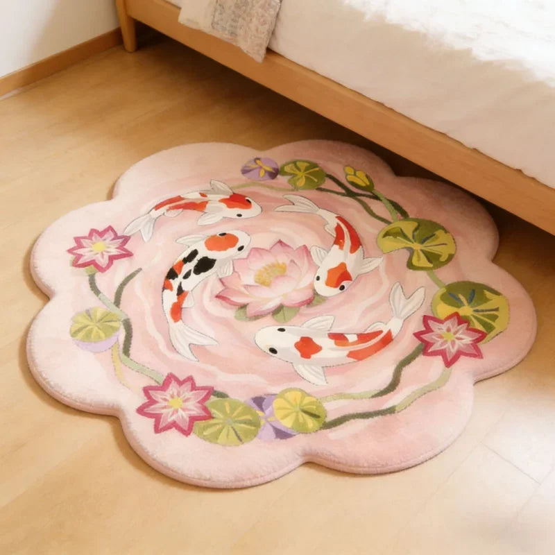 A round pink rug featuring a pattern of koi fish and pink flowers on a light wooden floor.