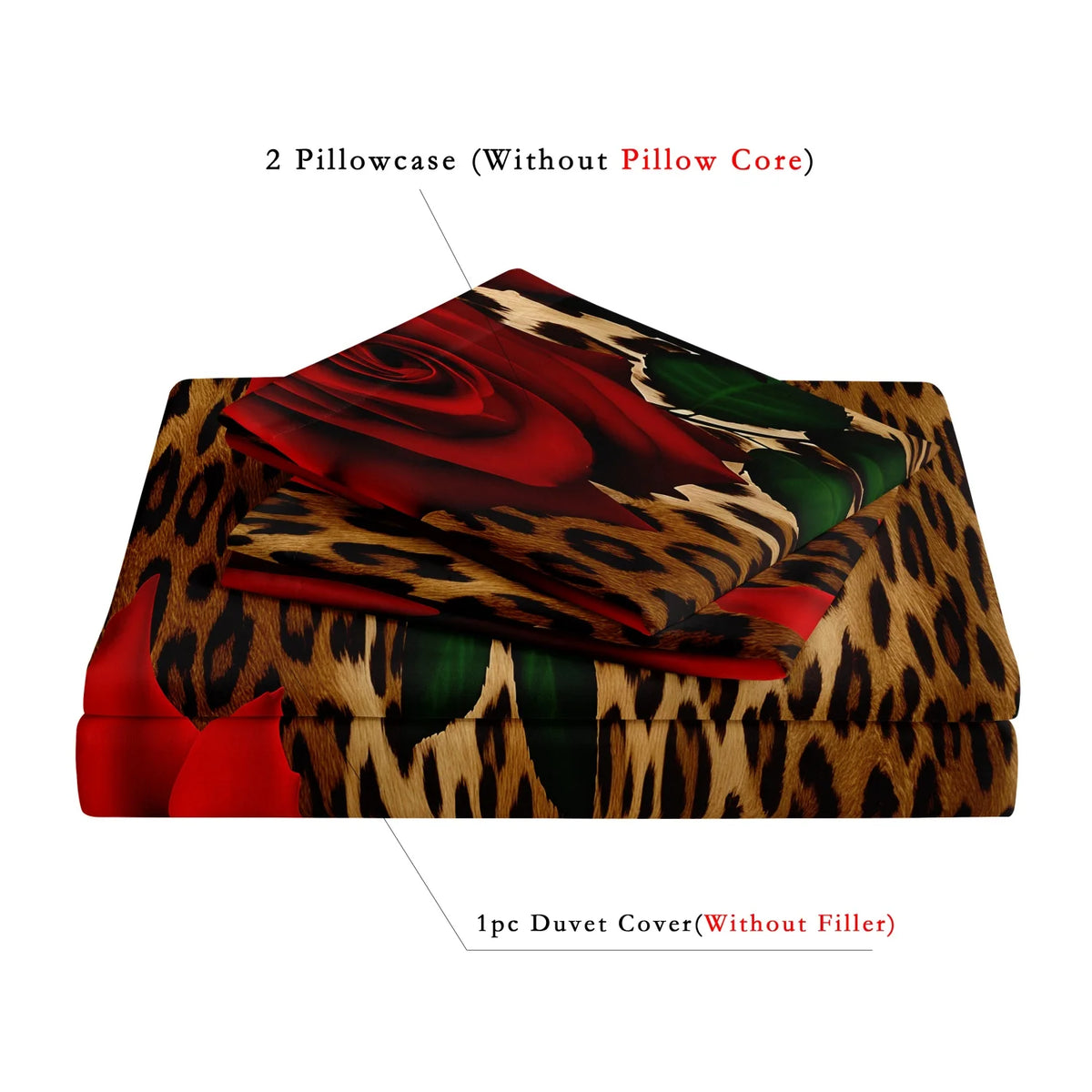 A stack of luxury animal print bedding, including two pillowcases and one duvet cover.