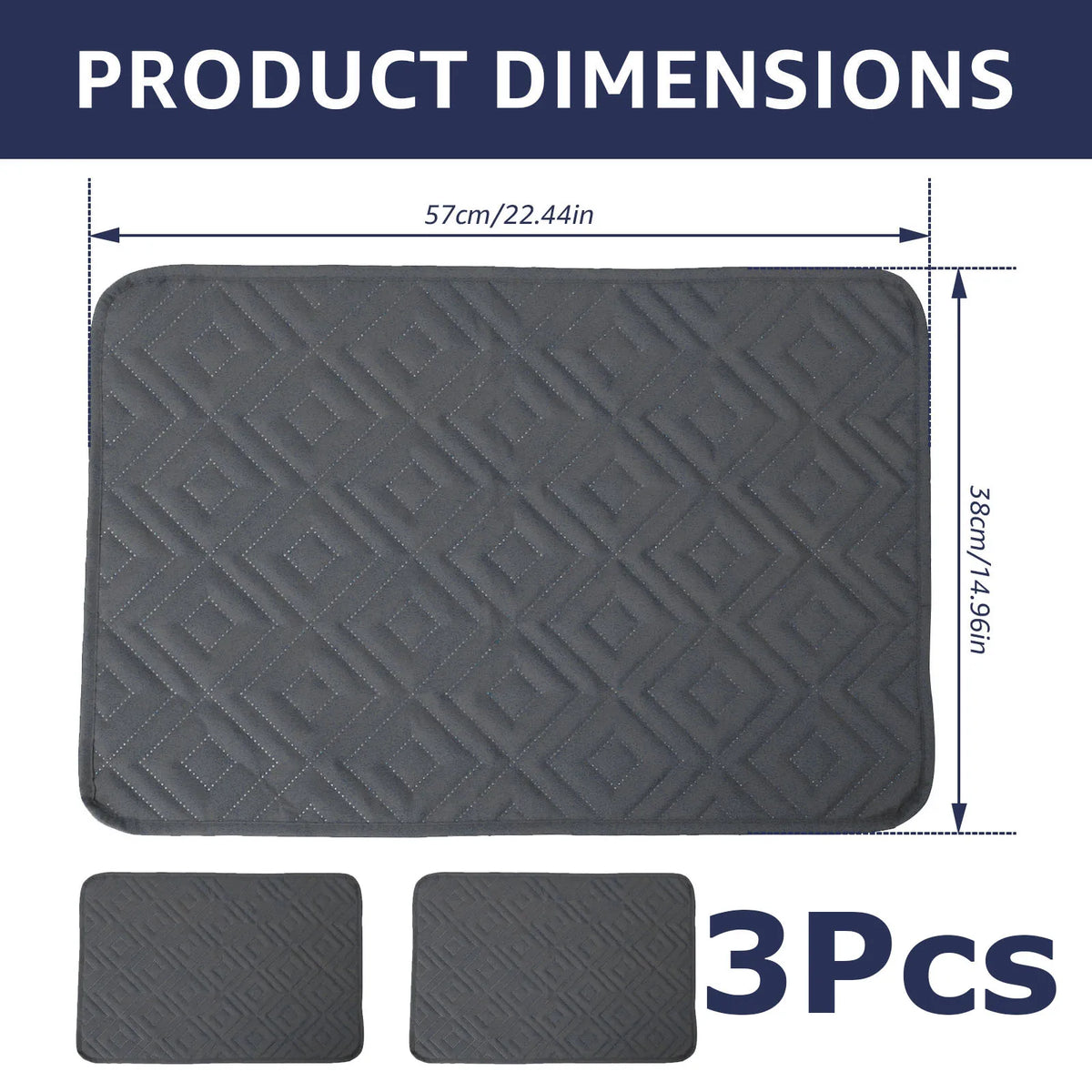 Three gray quilted headrest protector covers shown with dimensions.