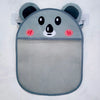 A gray bear-themed mesh storage bag for baby bath organizer storage.