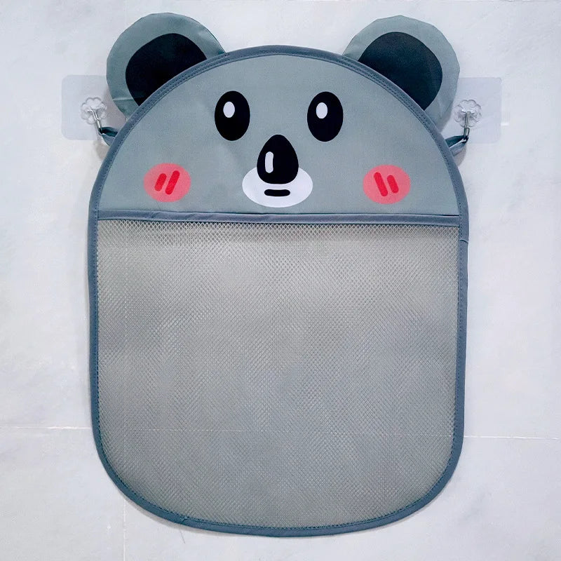 A gray bear-themed mesh storage bag for baby bath organizer storage.