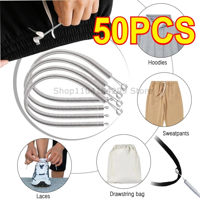 A set of 50 plastic spring drawstring threader tools used for clothing like hoodies and sweatpants.