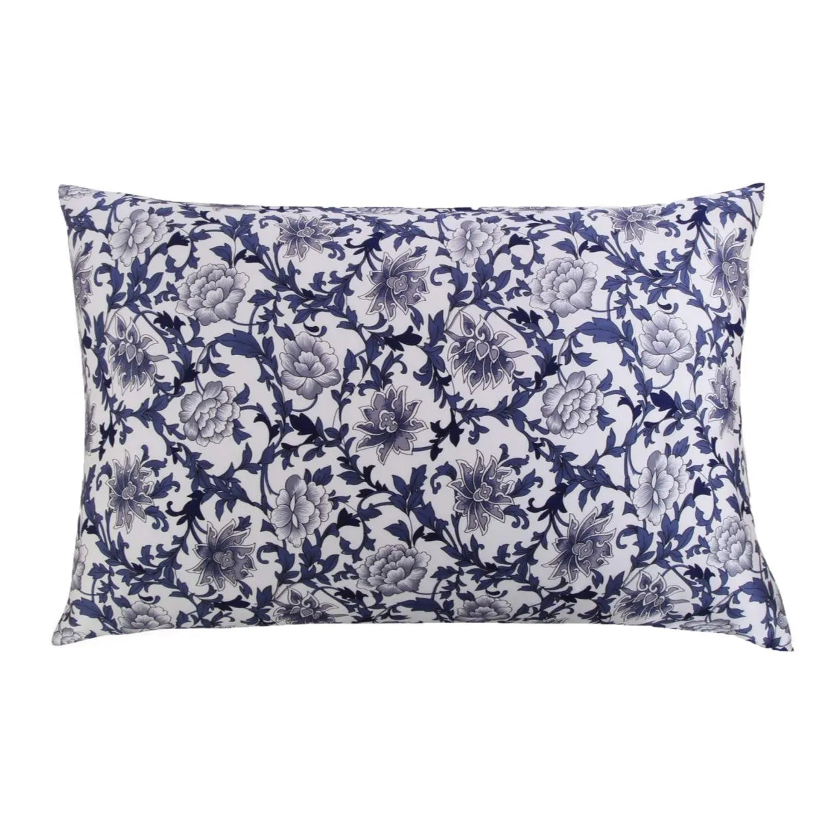 A square pillowcase featuring a blue and white floral damask print on a white background.