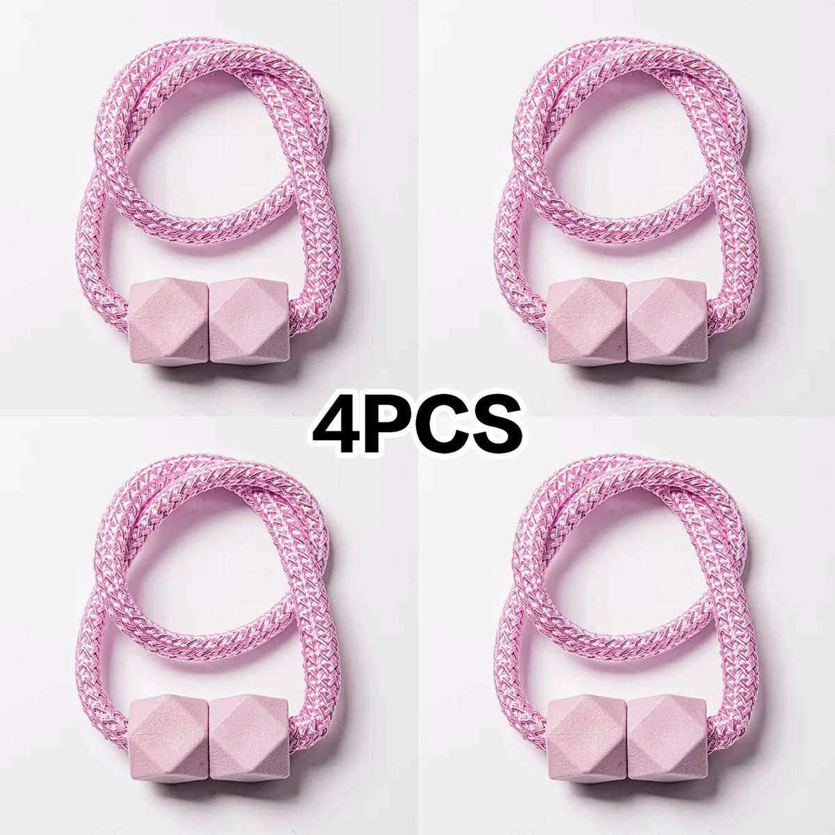 A set of four pink magnetic curtain tiebacks with square accents shown in various angles.