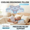 A person sleeping comfortably with a cooling ergonomic pillow placed under their neck for pressure relief and support.