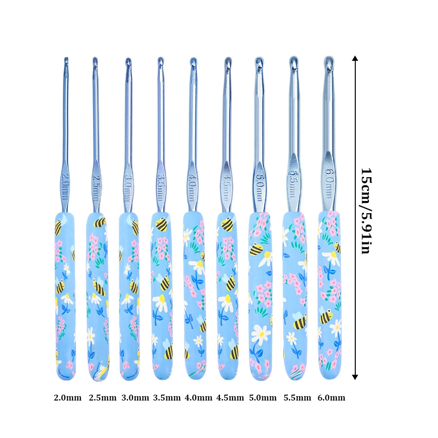 A set of ergonomic crochet hooks in various sizes and colors, packaged for knitting and weaving.