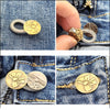 Close-up shots of flexible waist extender buttons in gold and silver on denim fabric.