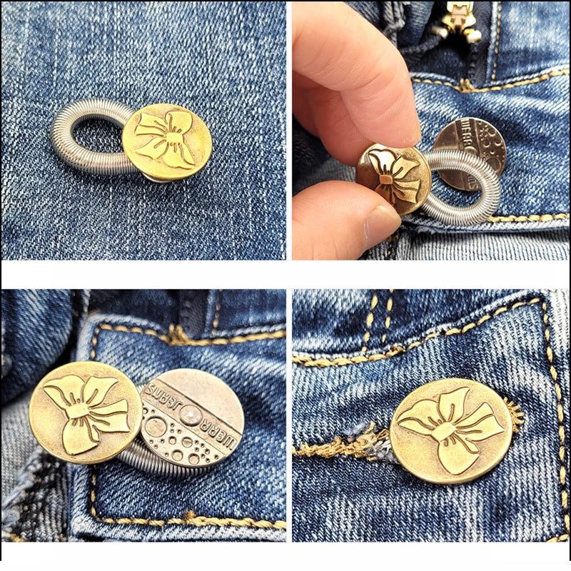 Close-up shots of flexible waist extender buttons in gold and silver on denim fabric.