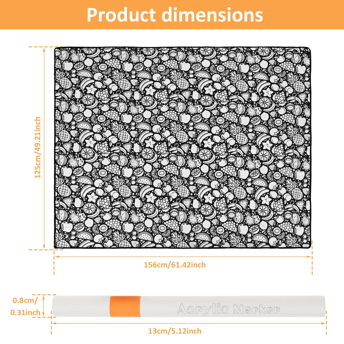Product dimensions showing a rectangular surface and an acrylic marker for a DIY coloring blanket.
