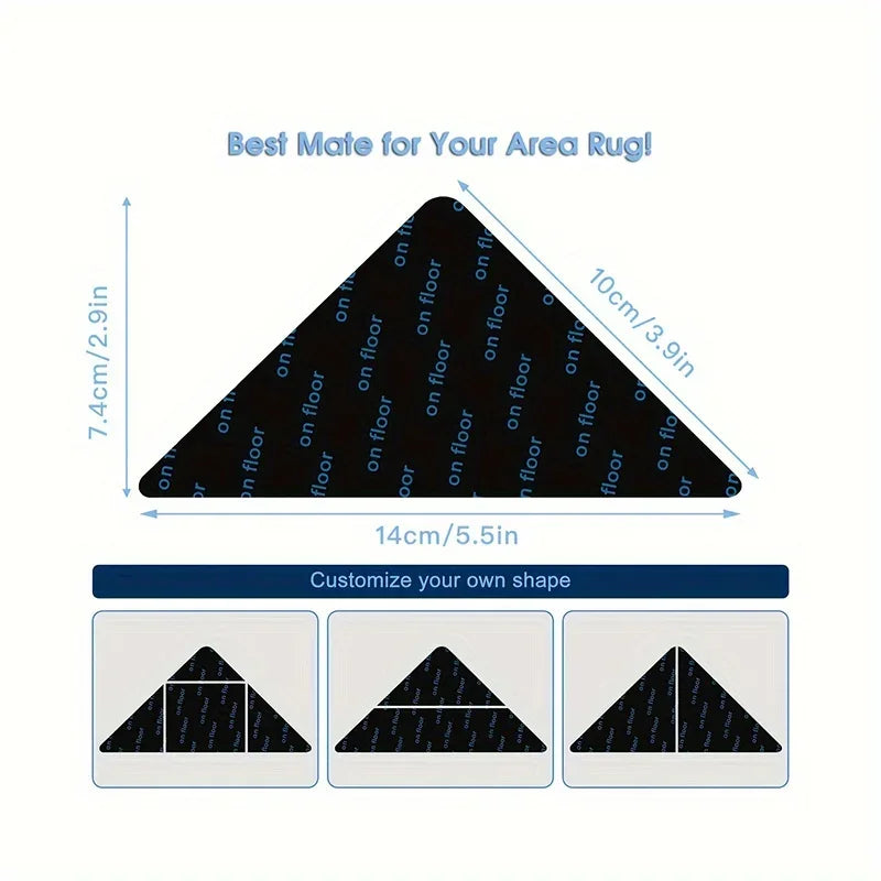 A triangular rug gripper with dimensions 7.4cm/2.9in and 14cm/5.5in for customizing area rugs.