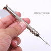 A hand holds a silver leather sewing awl and stitching kit with a sharp point.