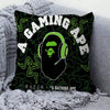 A gaming ape pillow cover featuring a stylized green ape head design on a black background.