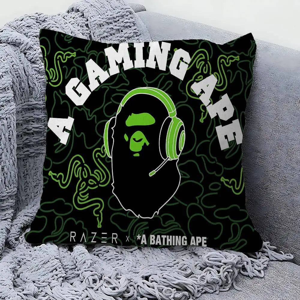 A gaming ape pillow cover featuring a stylized green ape head design on a black background.