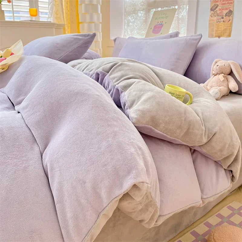 A cozy milk velvet duvet cover set featuring lavender and beige tones on a bed.