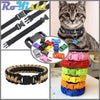 A collection of adjustable plastic paracord buckle bracelets and a cat wearing one.