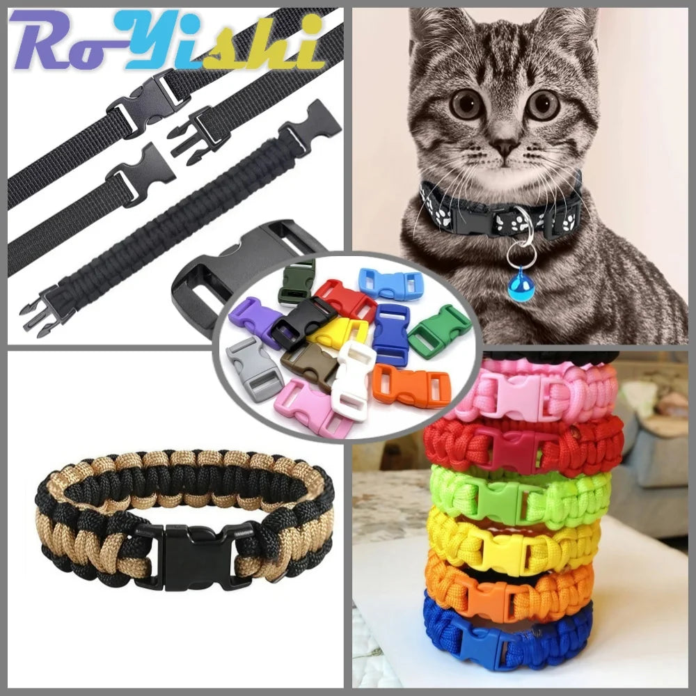 A collection of adjustable plastic paracord buckle bracelets and a cat wearing one.