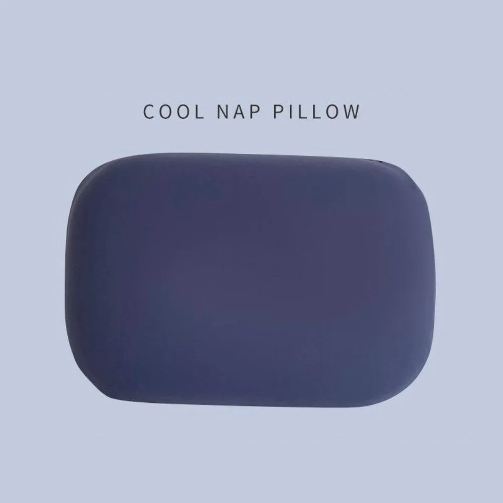 A smooth, dark blue memory foam neck and travel pillow.