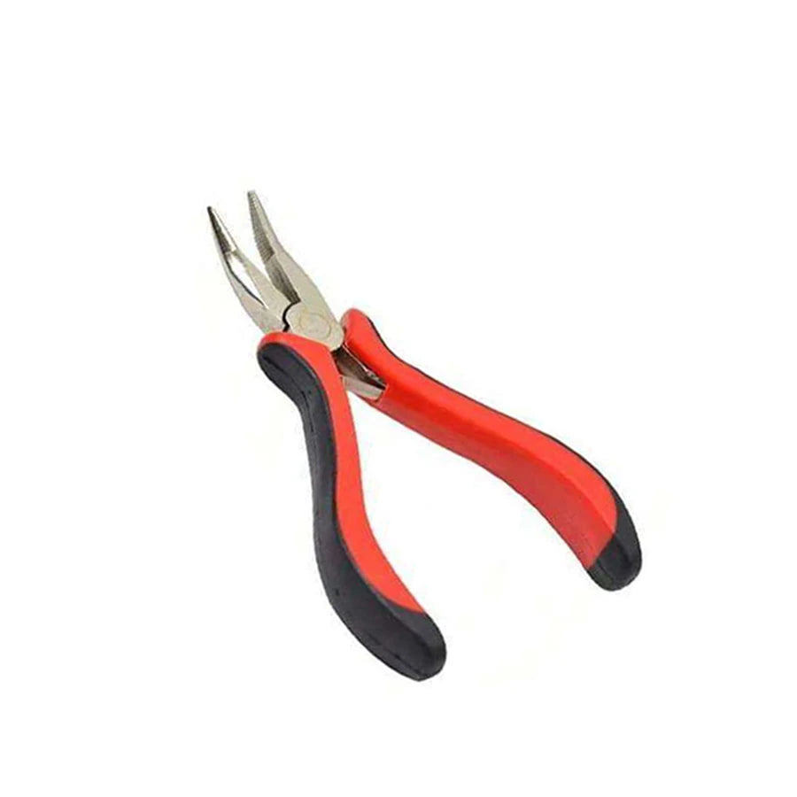 A pair of red and black professional hair extension bead pliers or tweezers.