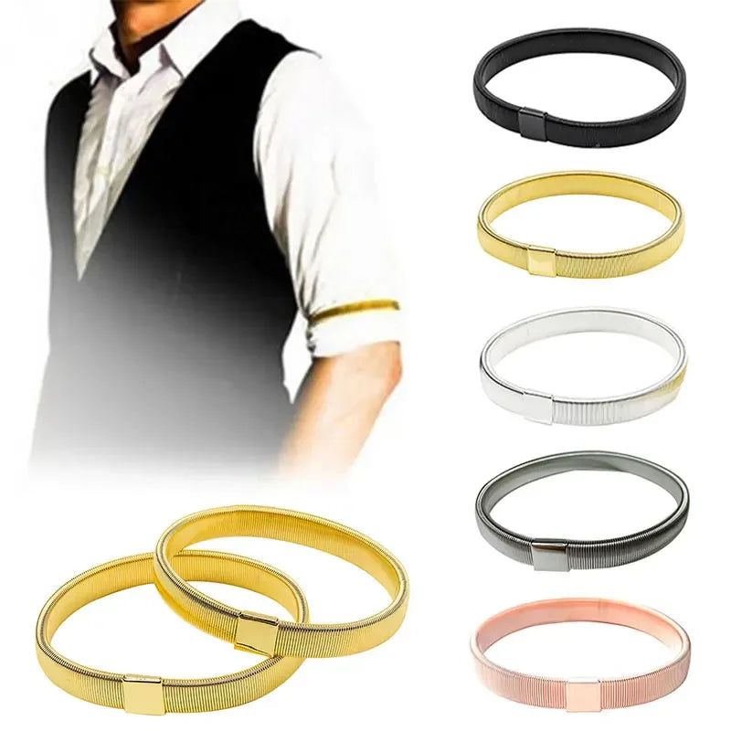 A collection of adjustable metal sleeve garters and arm bands in gold, silver, black, and rose gold tones.