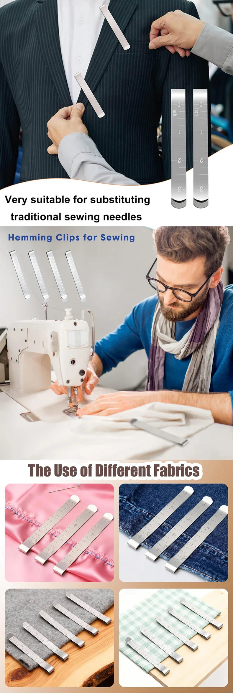 Stainless steel sewing hemming clips set shown with various fabrics and a person using them for sewing.